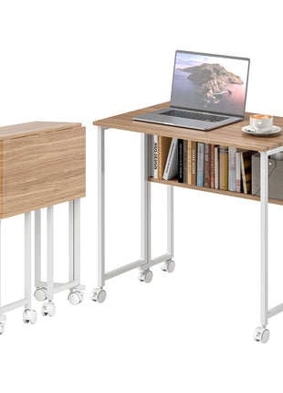 Folding Computer Desk, Foldable Desk with Storage Bag, Shelf and Wheels for Small Spaces, Home Office, Natural Wood
