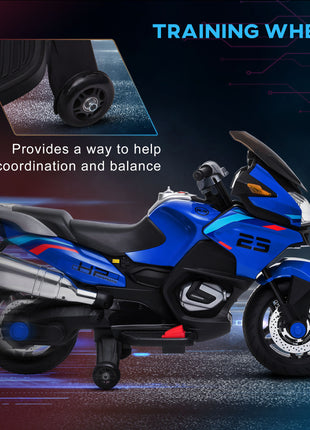 12V Kids Electric Motorcycle with Training Wheels, Battery Power Ride on Motorbike, High-Traction at 3.7 Mph Top Speed, with Light Music, Blue