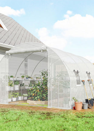 10'x11'x6' Walk-in Tunnel Greenhouse with Shelves, Mesh Door and Windows, Hoop House Greenhouse with PE Cover, White