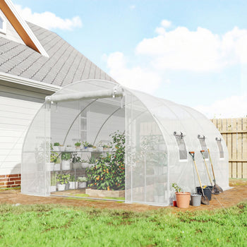 10'x11'x6' Walk-in Tunnel Greenhouse with Shelves, Mesh Door and Windows, Hoop House Greenhouse with PE Cover, White