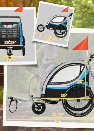 3-in-1 Bike Trailer for Kids, Running Stroller with 2 Seats, Jogging Cart with 5-Point Harness, Storage Units, Blue