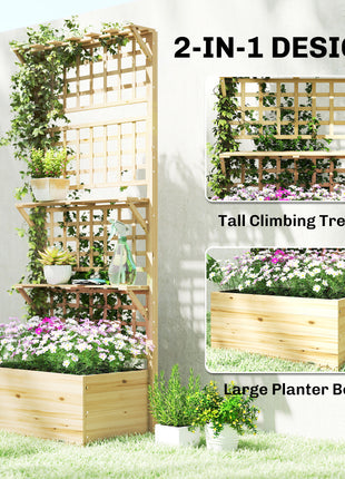 Wooden Raised Garden Bed with Trellis and Roof, Elevated Planter Box with 2 Shelves, Drainage Hole and Liner, Natural