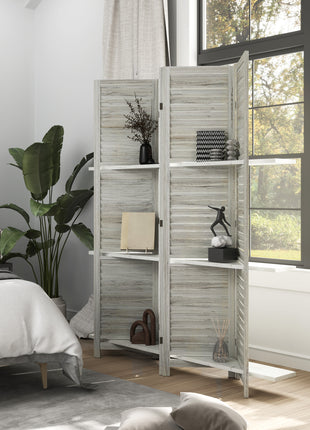 4 Panel 67" Tall Wood Privacy Screen Room Divider with 3 Shelves and Folding Storage for Bedroom, Distressed White
