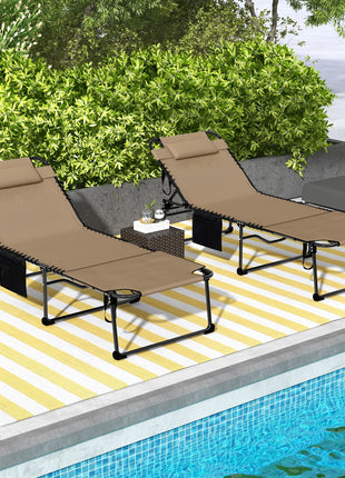 2 Piece Folding Chaise Lounge Pool Chairs with 5-level Reclining Back, Reading Hole, Side Pocket, Beige