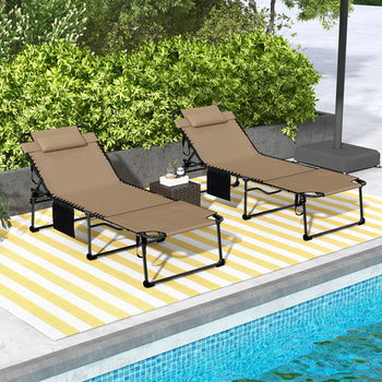 2 Piece Folding Chaise Lounge Pool Chairs with 5-level Reclining Back, Reading Hole, Side Pocket, Beige