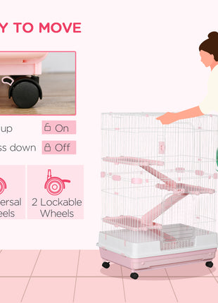 32"L 4-Level Small Animal Cage Rabbit Hutch with Wheels, Slide-out Tray for Bunny, Chinchillas, Ferret, Pink