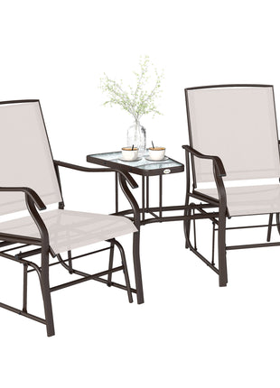 Outdoor Glider Chairs with Coffee Table, Patio 2-Seat Rocking Chair Swing Loveseat with Breathable Sling for Backyard, Garden, and Porch, Beige
