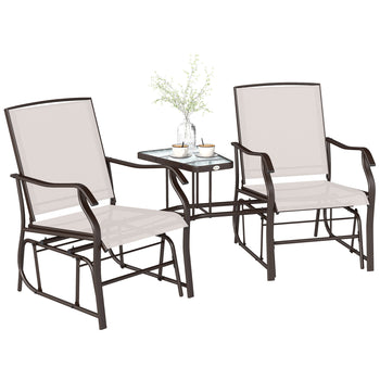 Outdoor Glider Chairs with Coffee Table, Patio 2-Seat Rocking Chair Swing Loveseat with Breathable Sling for Backyard, Garden, and Porch, Beige