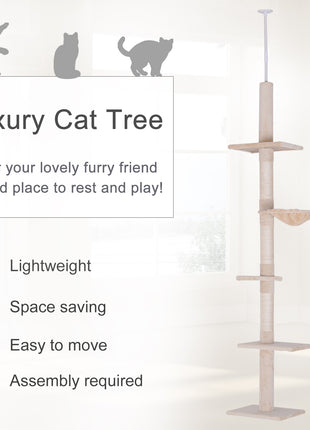 102" Adjustable Height Floor to Ceiling Cat Tree, 5 Level Cat Tower with Scratching Posts, Hammock, Beige