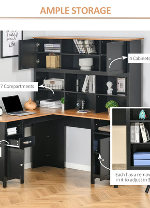L Shaped Computer Desk with Hutch, 59" Corner Desk, Space Saving Home Office Desk with Storage Shelves, Drawer and Cabinet, Black