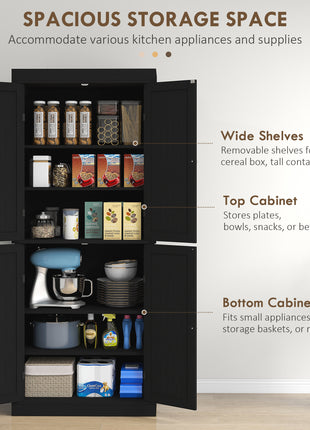72" Kitchen Cabinet, Pantry Storage Cabinet with Doors and Shelves, Freestanding Food Pantry Cabinet, Black Wood Grain