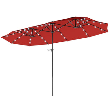 13ft Double-Sided Market Umbrella, Large Patio Umbrella with Solar Lights, Crank Handle for Garden, Pool, Yard, Wine Red