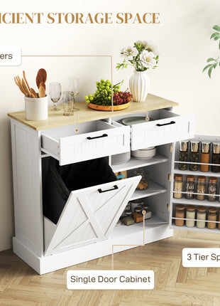 10 Gallon Farmhouse Kitchen Cabinet with Hidden Trash Can and 2 Drawers, Tilt Out Trash Can Cabinet for Kitchen, White