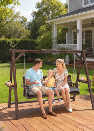 3 Seat Wooden Porch Swing with Stand, Patio Swing with Cushion, for Garden, Poolside, Backyard, Carbonized Brown