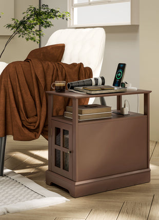 Narrow Side Table End Table with Charging Station, USB Ports, Modern End Table with Storage for Living Room, Brown