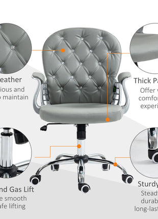 Button Tufted Desk Chair, Home Office Chair with Padded Armrests, Adjustable Height and Swivel Wheels, Gray
