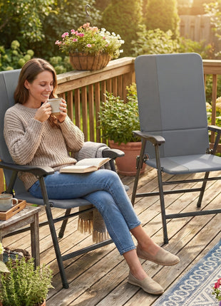 Folding Patio Chairs Set of 2, Padded High Back Lawn Camping Chairs with Armrests, 600D Oxford Fabric, Light Gray