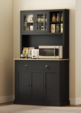 Freestanding Kitchen Cabinet, 71" Tall Pantry Cabinet, Modern Hutch with Wide Countertop, Adjustable Shelves, Black