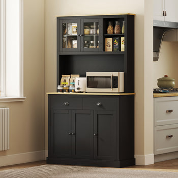 Freestanding Kitchen Cabinet, 71" Tall Pantry Cabinet, Modern Hutch with Wide Countertop, Adjustable Shelves, Black