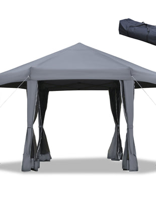 13' x 11' Hexagonal Pop Up Gazebo, Heavy Duty Outdoor Canopy Tent with 6 Mesh Sidewall Netting, 3-Level Adjustable Height and Strong Steel Frame, Gray