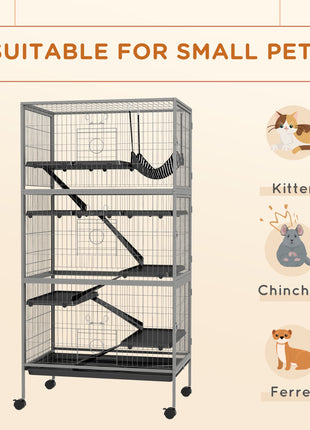 63" H Rolling Small Animal Cage with Hammock, Ferret Cage, Chinchilla Cage, Pet Habitat with 6 Doors, Removable Tray