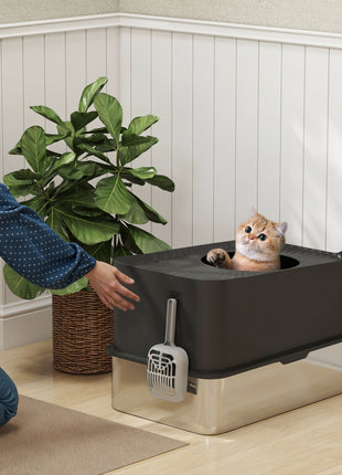 Extra Large Stainless Steel Litter Box, Enclosed Cat Litter Box with Scoop, Top Entrance, Non-slip Pads, Black