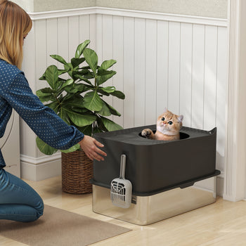 Extra Large Stainless Steel Litter Box, Enclosed Cat Litter Box with Scoop, Top Entrance, Non-slip Pads, Black