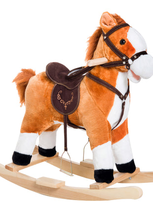 Kids Plush Toy Rocking Horse, Wooden Ride-on Chair, Plush Animal Rocker with Realistic Sounds and Moving Tail for Toddlers, Brown