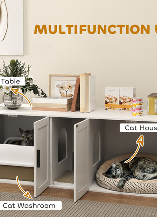 Cat Litter Box Enclosure with Double Room, Scratching Mat for 2 Cats, 57" x 19" x 20", White