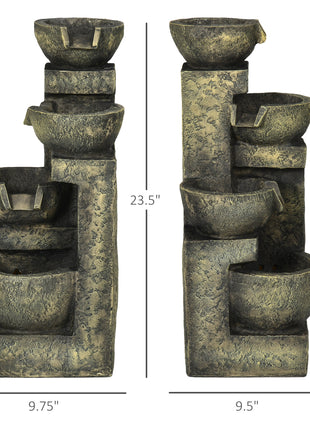Small Outdoor Fountain with 4-Tier Stone Bowls, Adjustable Waterfall Flow & LED Lights, Perfect for Patio & Zen Garden, Gray