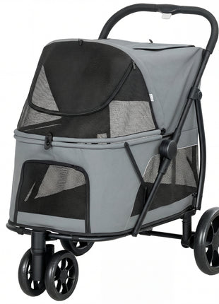 3 Wheel Pet Stroller with Easy One-Click Quick Fold, Mesh Window, Washable Cushion, for Medium Dogs, Gray