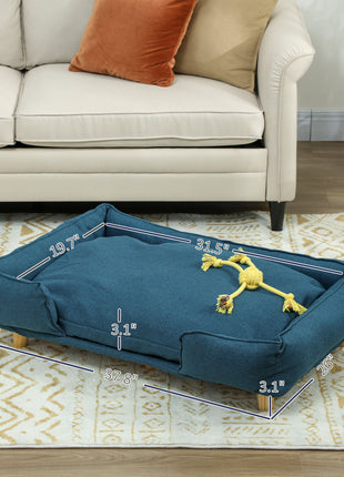 Raised Dog Couch with Comfortable Cushion, Pine Wood Legs, Foot Pads for Large-Sized Dogs Indoor Use, Dark Blue