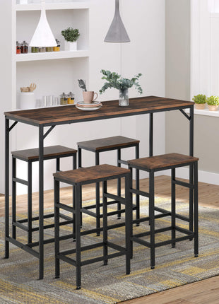 5-Piece Industrial Dining Table Set, Bar Table & 4 Stools Set, Space Saving for Pub & Kitchen, Rustic Brown/Black