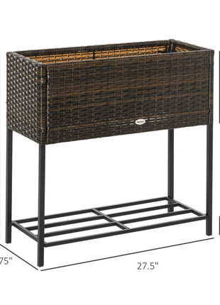 Raised Garden Bed, Elevated Planter Box with Rattan Wicker Look, Tool Storage Shelf, Portable Design for Herbs, Vegetables, Flowers, Brown