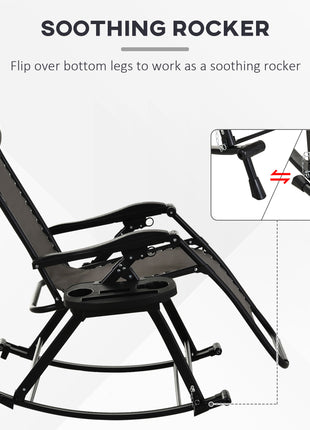 Outdoor Rocking Chairs, Foldable Reclining Zero Gravity Lounge Rocker with Pillow, Cup & Phone Holder, Combo Design with Folding Legs, Gray