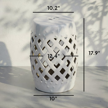 12.5" x 18" Ceramic Garden Stool with Woven Lattice Design & Glazed Strong Materials Decorative Outdoor Stool, White
