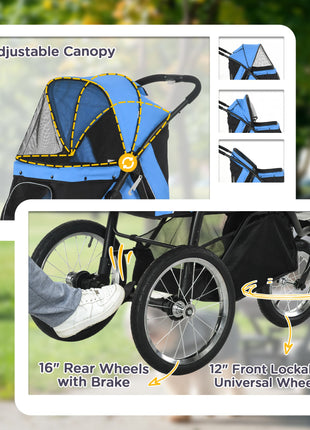 3 Wheels Pet Stroller for Small Dogs and Medium Dogs with Adjustable Canopy, Safety Tether, Storage Basket, Blue