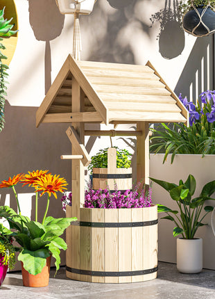 Wood Wishing Well for Outside with Hanging Bucket, Wishing Well Planter with Drain Hole for Garden Patio, Natural