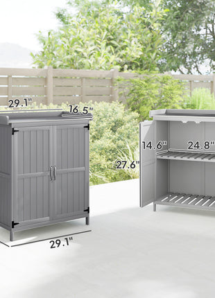 Outdoor Storage Cabinet, Garden Tool Shed with Metal Tabletop and Shelf, Wooden Potting Bench with 2 Doors, Gray