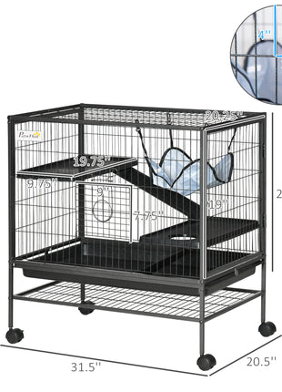 Small Animal Cage with Wheels, Pet Playpen for Rat, Syrian Hamster, Kitten, Ferrets, Chinchillas with Bottom Storage Shelf, Removable Tray, Ramp, 31.5" x 20.5" x 33.1"