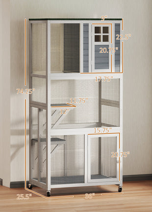 74" Wooden Catio Outdoor Cat Enclosure Weatherproof & Wheeled, Outside Cat House with High Weight Capacity, Kitten Cage Condo, White