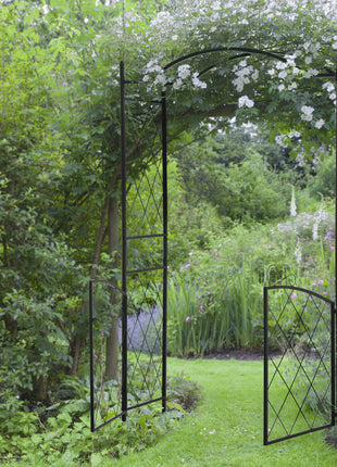85" Garden Arch Arbor, Metal Arch Trellis with Gate, Garden Archway for Climbing Vines, Wedding Ceremony Decoration, Black