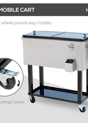 80 QT Rolling Cooling Bins Ice Chest on Wheels Outdoor Stand Up Drink Cooler Cart for Party, Silver