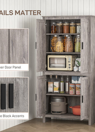 64" 4-Door Kitchen Pantry, Freestanding Storage Cabinet with 3 Adjustable Shelves for Kitchen, Gray Oak