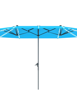 15ft Double-Sided Outdoor Umbrella with Solar Lights, UPF50+ Extra Large Aluminum Patio Umbrella with Crank, Blue