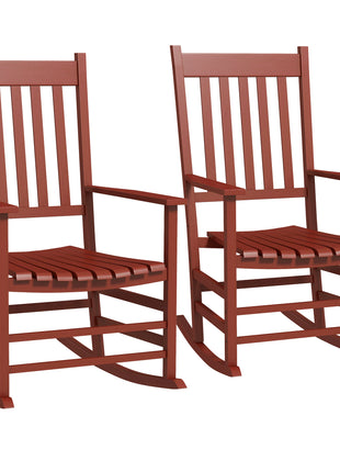 Outdoor Rocking Chair Set of 2, Patio Rocking Chair with Smooth Curves, High Density Wooden Rockers for Lawn Garden Porch, Supports Up to 350lbs, Wine Red