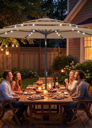 9.7 ft Outdoor Patio Umbrella with Solar LED Lights, 3 Tier Outdoor Table Umbrella with Tilt, Crank, Khaki