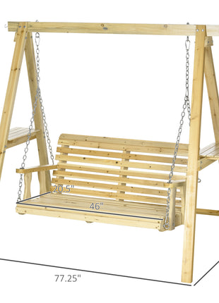 2-Seat orch Swing with Stand, Wooden Patio Swing Chair with Side Tables and Metal Chains, Outdoor Hanging Bench for Garden, Poolside, Backyard, Natural Wood