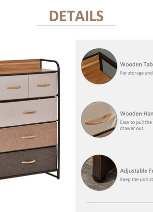 5-Drawer Fabric Dresser Tower, 4-Tier Storage Organizer with Steel Frame for Hallway, Bedroom, and Closet, Maple Wood