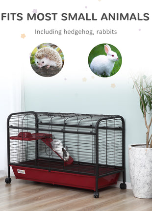 41"L Small Animal Cage, Pet Play House for Rabbit Hutch Ferret with Feeder, Rolling Wheels, Platform, Ramp